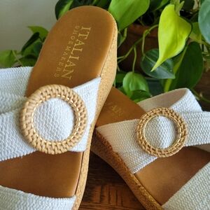 Italian Shoemakers White Canvas W/ Tan Wedge Slides/Sandals